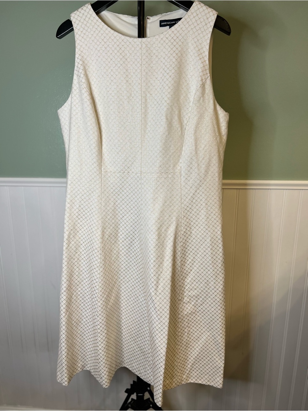 American Living Ivory and Gold Shimmer Plaid Fit & Flair Dress. Size 14